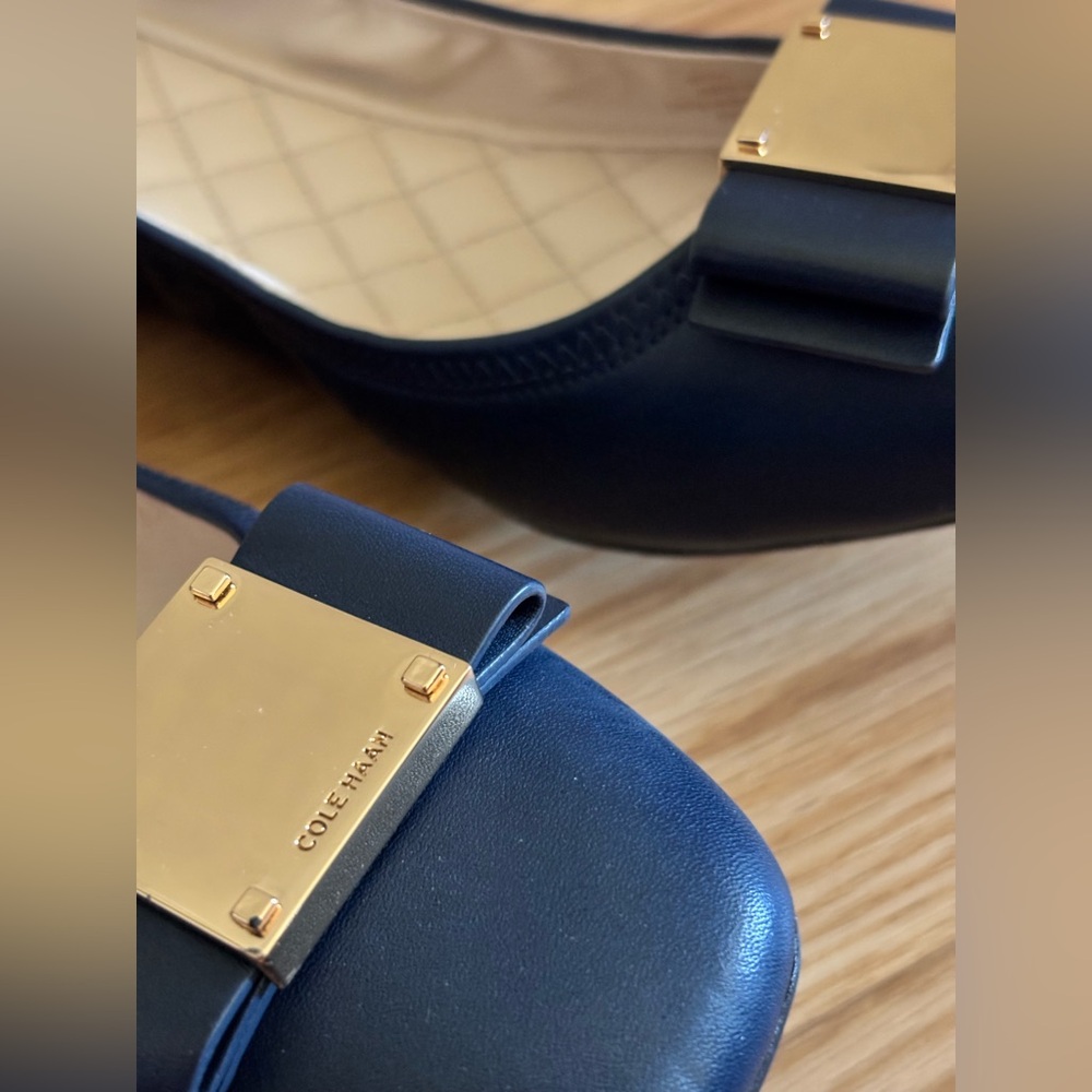 Cole Baan Tali Modern Bow Ballet Flats in Navy Leather w/ Gold Hardware - Picture 3 of 5